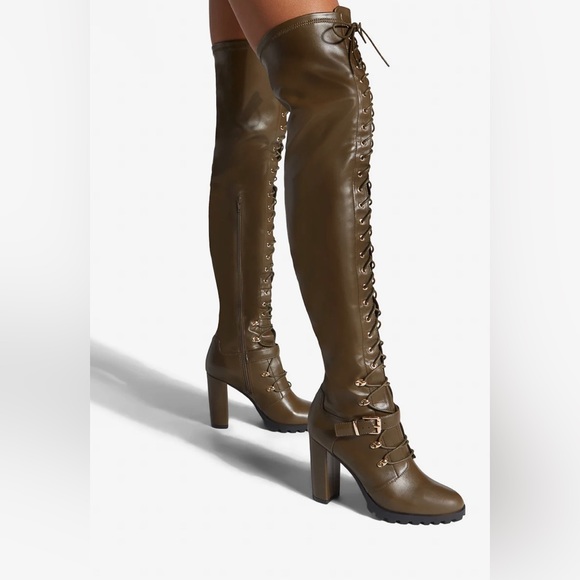 🆕 Tall Lace Up Block Heel Combat Boot In Dark Olive Night Wide Calf - Picture 2 of 4